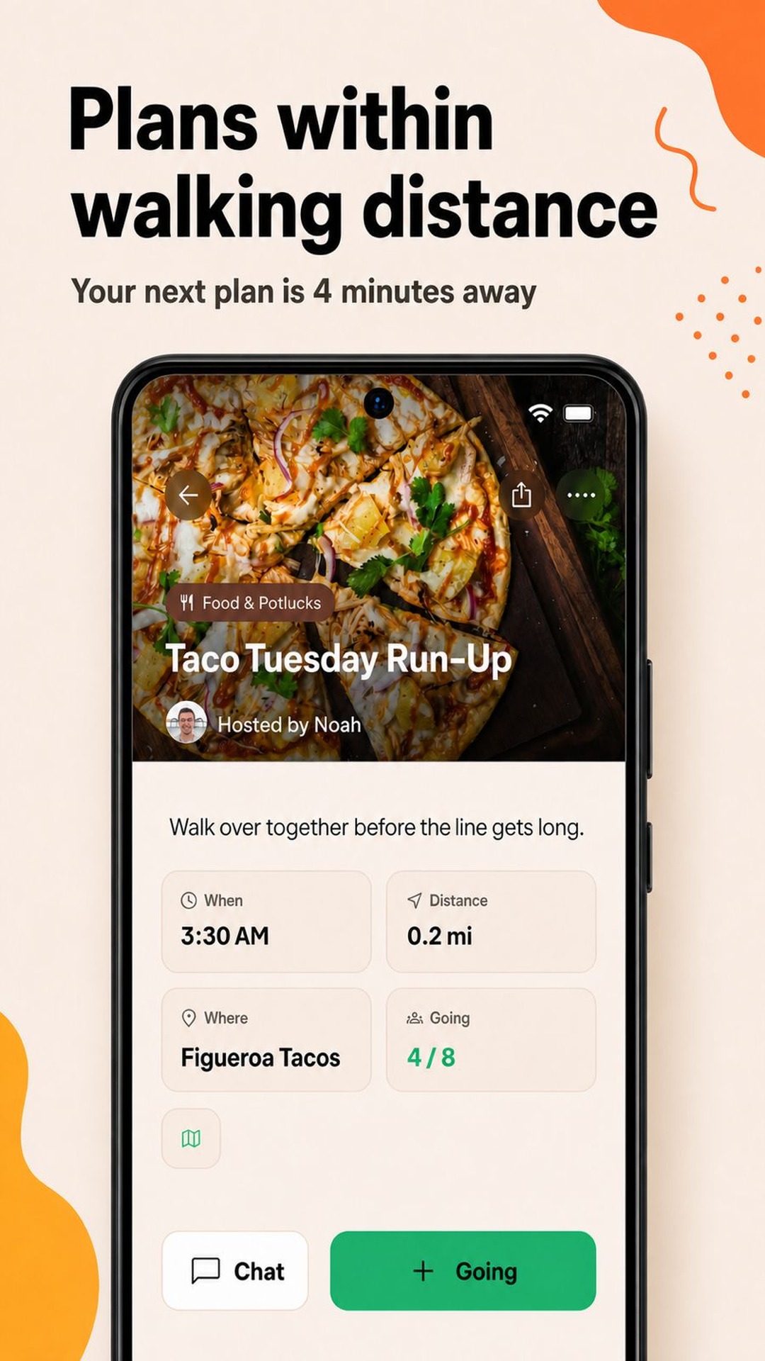 Praigo app showing a Social called Taco Tuesday Run-Up, 0.2 miles away, with 4 of 8 people going
